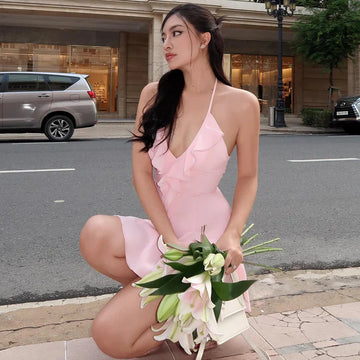 Pink A Line V Neck Ruffles Chiffon Short Homecoming Dress Outfits HZ1023